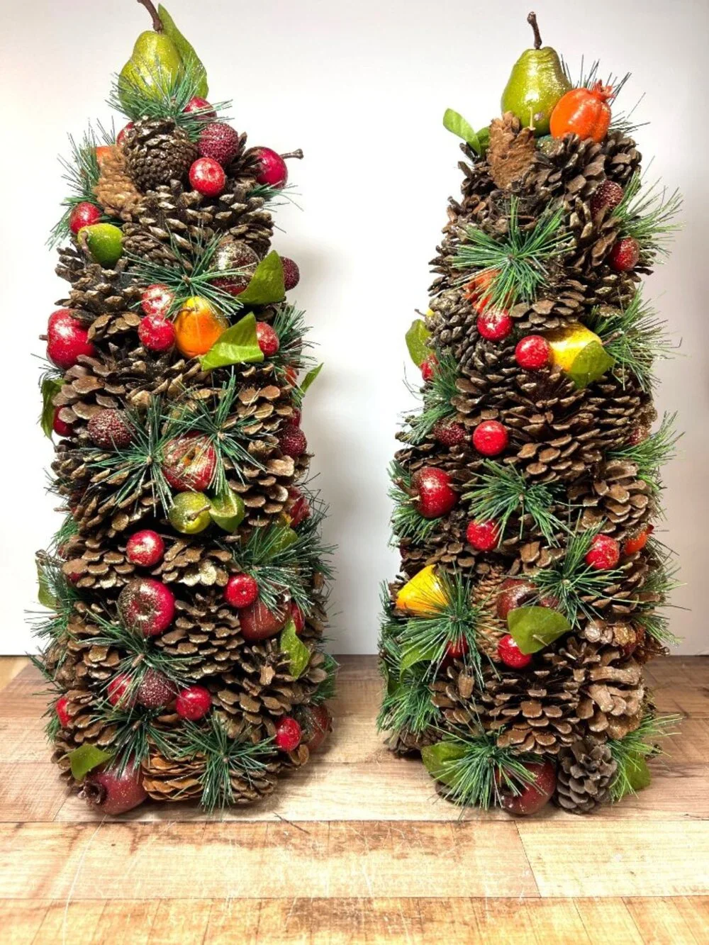 Holiday Centerpiece Pinecone & Faux Fruit Tree Glitter Accents Set Of 2 17.5'' T